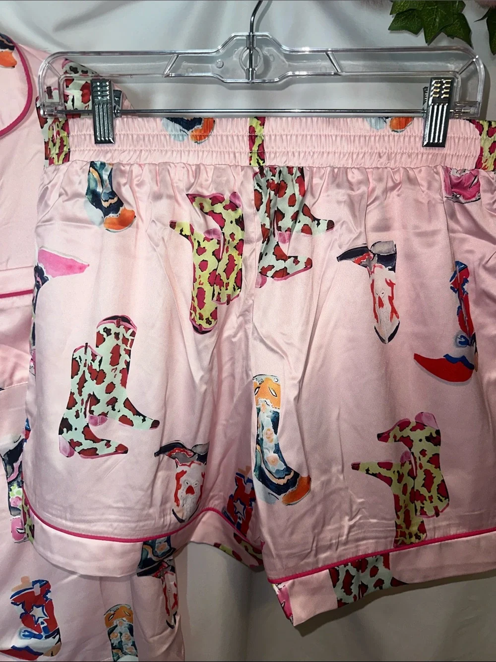 Sheshow Pink Satin Short PJ Set with Colorful western boot Print